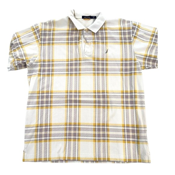 Nautica Polo Shirt Men XL Yellow White Plaid Short Sleeve Cotton Y2K Streetwear - Picture 2 of 5